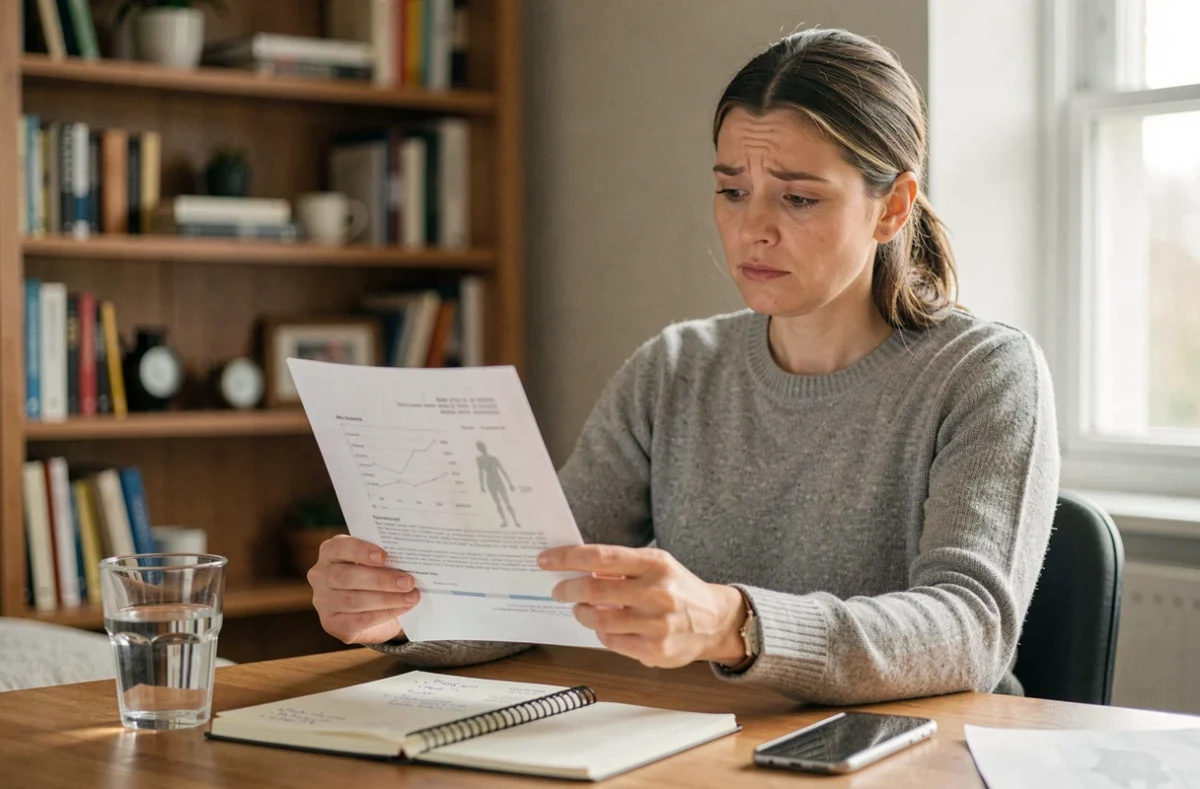 Femme lisant ses résultats médicaux à son bureau à domicile après un diagnostic de kyste ovarien