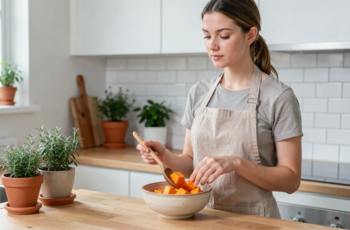 Jeune femme en tablier de lin servant des cubes de courge butternut rôtie dans un bol en céramique, illustrant un repas sain et rassasiant à faible densité calorique