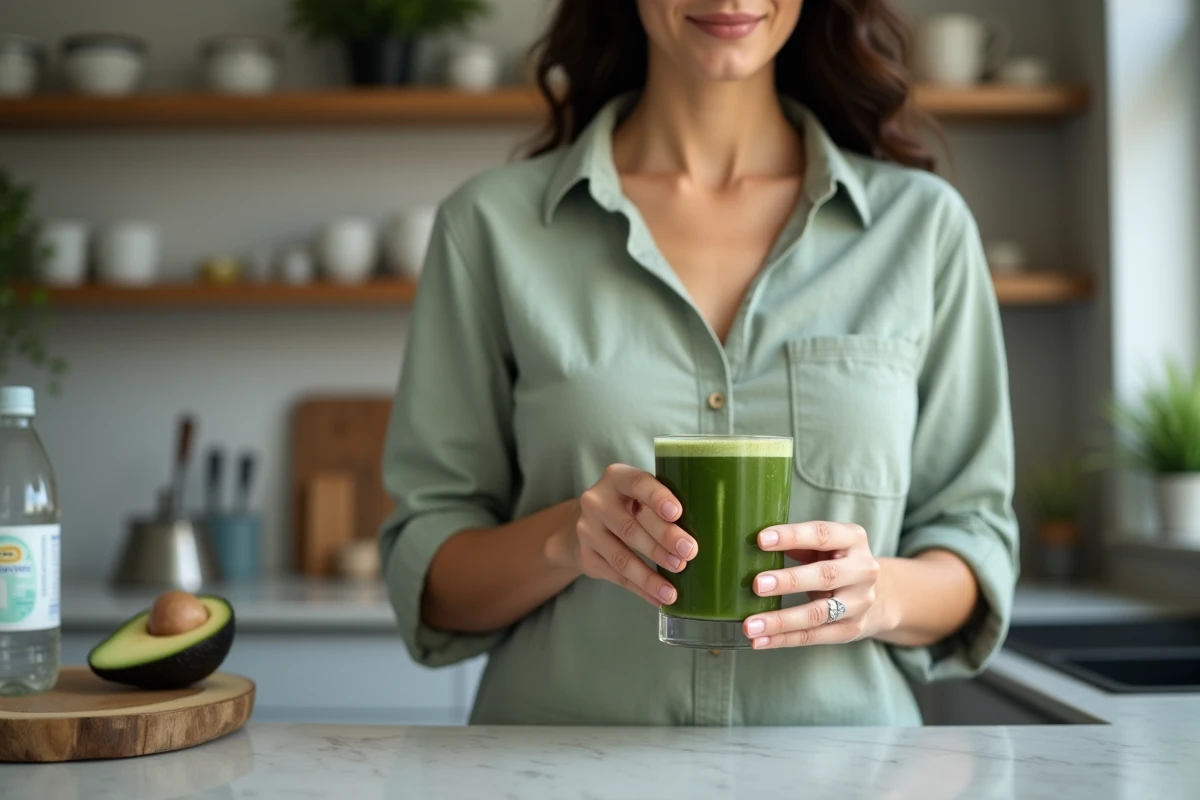 Femme tenant un smoothie vert riche en magnésium dans une cuisine moderne avec plan de travail en marbre