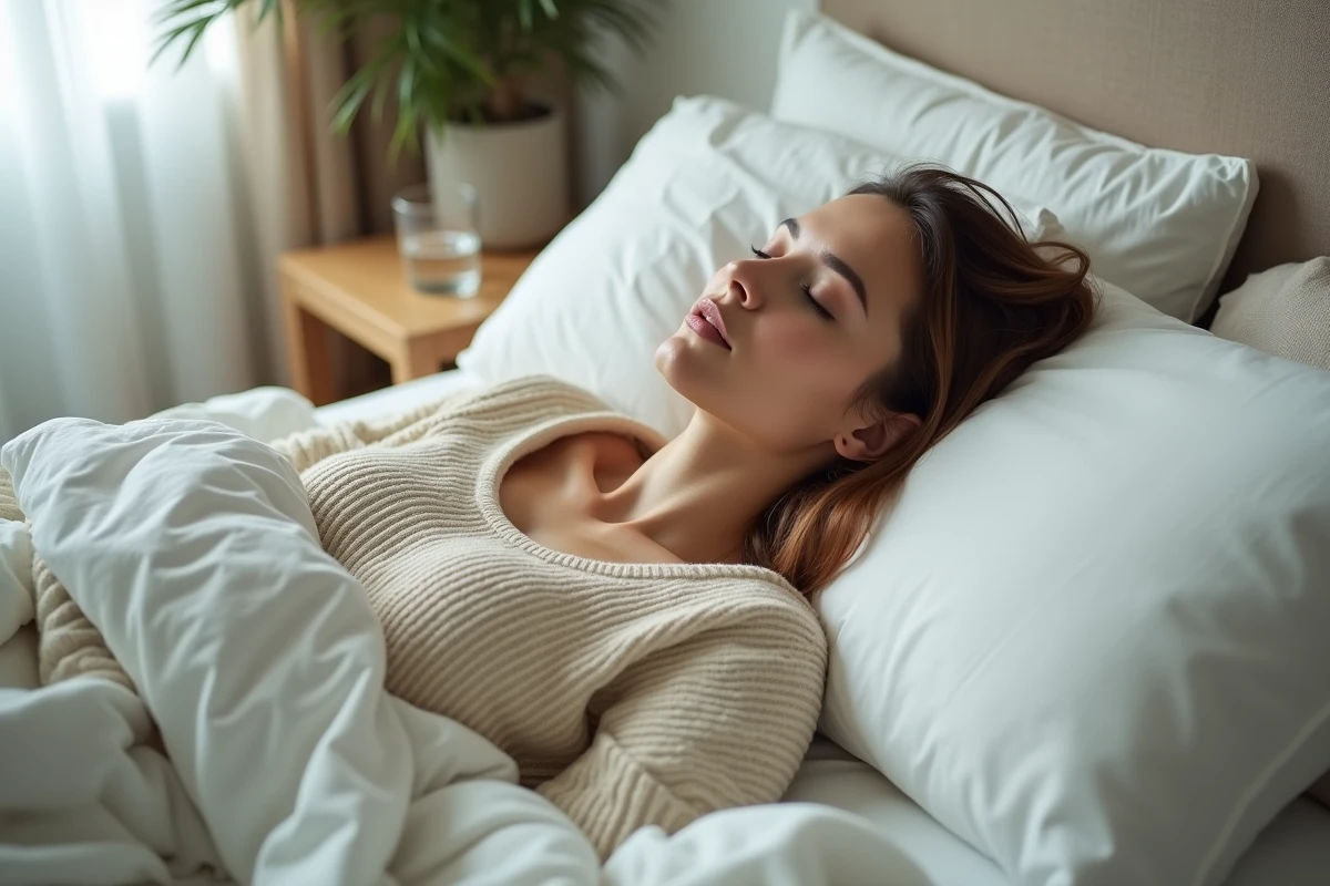Femme endormie dans un lit douillet illustrant l'importance du sommeil pour réguler les hormones de perte de poids