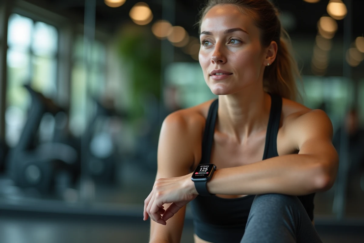 Femme sportive en salle de sport consultant ses données de biomarqueurs santé sur une montre connectée affichant fréquence cardiaque et saturation en oxygène