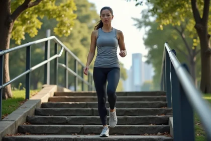 Femme sportive montant des escaliers en pierre dans un parc urbain pour améliorer sa condition physique