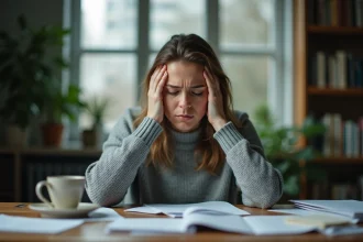 Femme stressée assise à un bureau à domicile, les mains sur les tempes, entourée de papiers épars, illustrant l'anxiété et le stress inutile