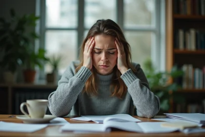 Femme stressée assise à un bureau à domicile, les mains sur les tempes, entourée de papiers épars, illustrant l'anxiété et le stress inutile