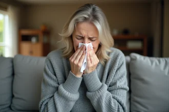 Femme adulte se mouchant avec un mouchoir en papier, symptôme de glaires et de mucus excessif lié à une maladie respiratoire