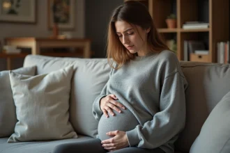 Femme incertaine assise sur un canapé tenant son ventre légèrement arrondi, illustrant les symptômes d'une grossesse nerveuse