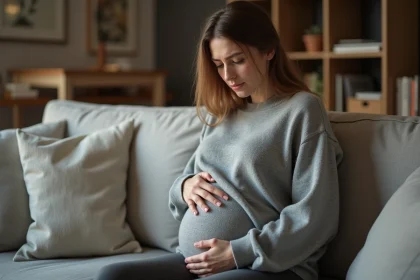 Femme incertaine assise sur un canapé tenant son ventre légèrement arrondi, illustrant les symptômes d'une grossesse nerveuse