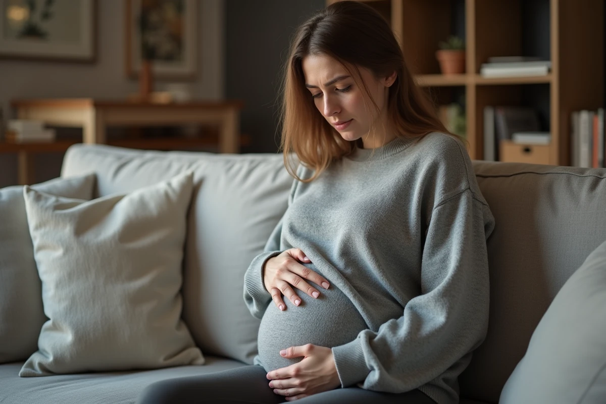 Femme incertaine assise sur un canapé tenant son ventre légèrement arrondi, illustrant les symptômes d'une grossesse nerveuse