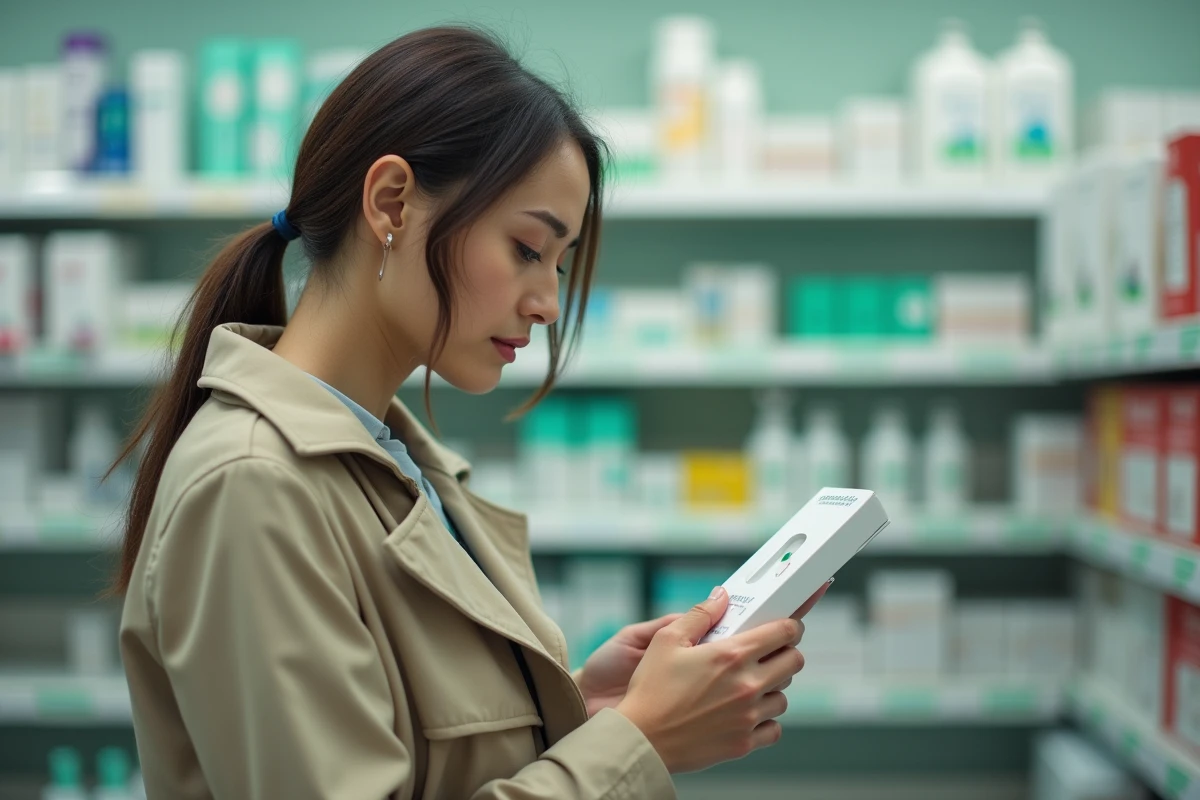 Femme en pharmacie tenant un test de grossesse, exprimant une anxiété liée aux doutes d'une grossesse nerveuse