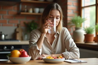 Femme buvant un verre d'eau avant un repas pour calmer la sensation de faim