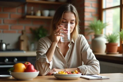 Femme buvant un verre d'eau avant un repas pour calmer la sensation de faim