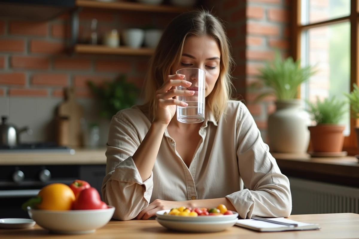 Femme buvant un verre d'eau avant un repas pour calmer la sensation de faim