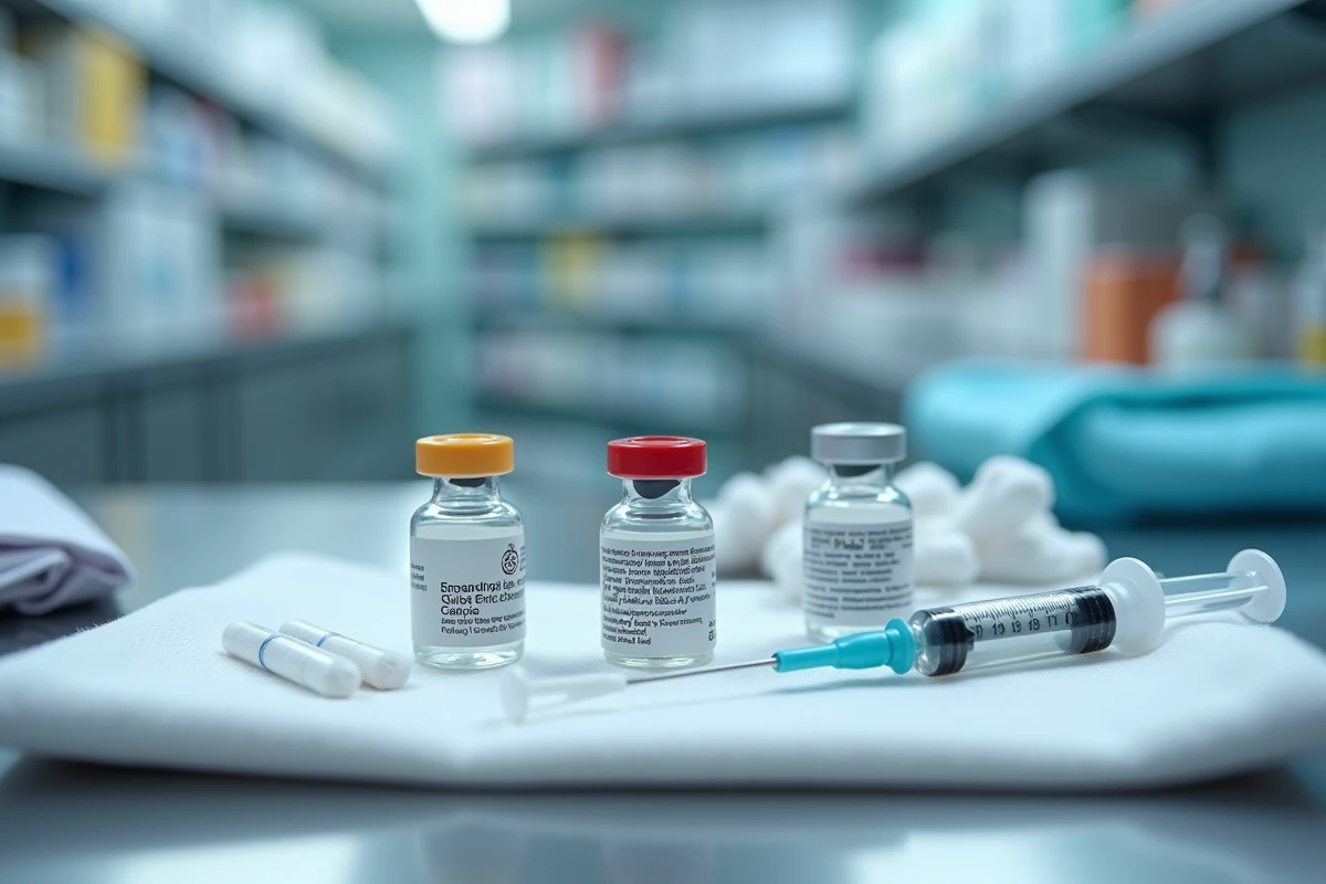 Flacons de vaccins associés et seringues préparées sur un plan de travail médical stérile