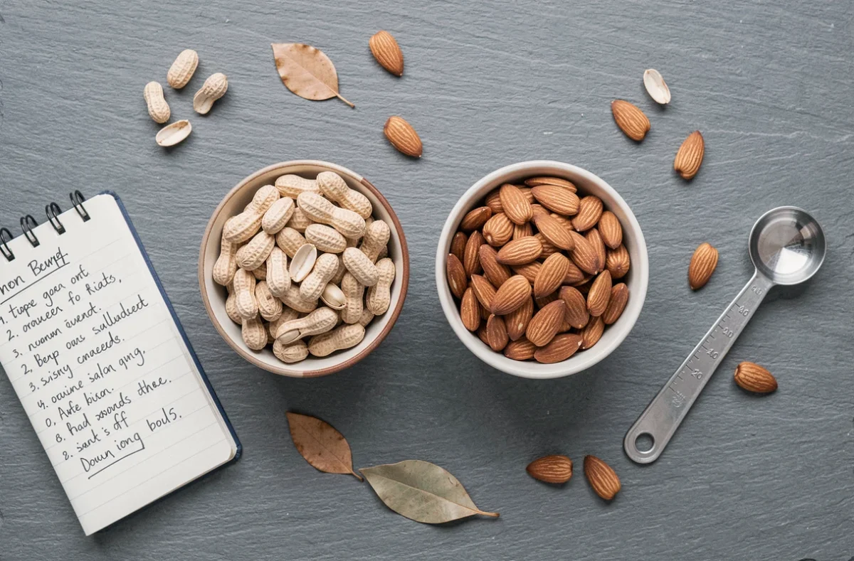 Composition à plat avec deux coupelles en céramique contenant des cacahuètes et des amandes sur ardoise grise, étude comparative visuelle pour article sur les bienfaits des fruits à coque