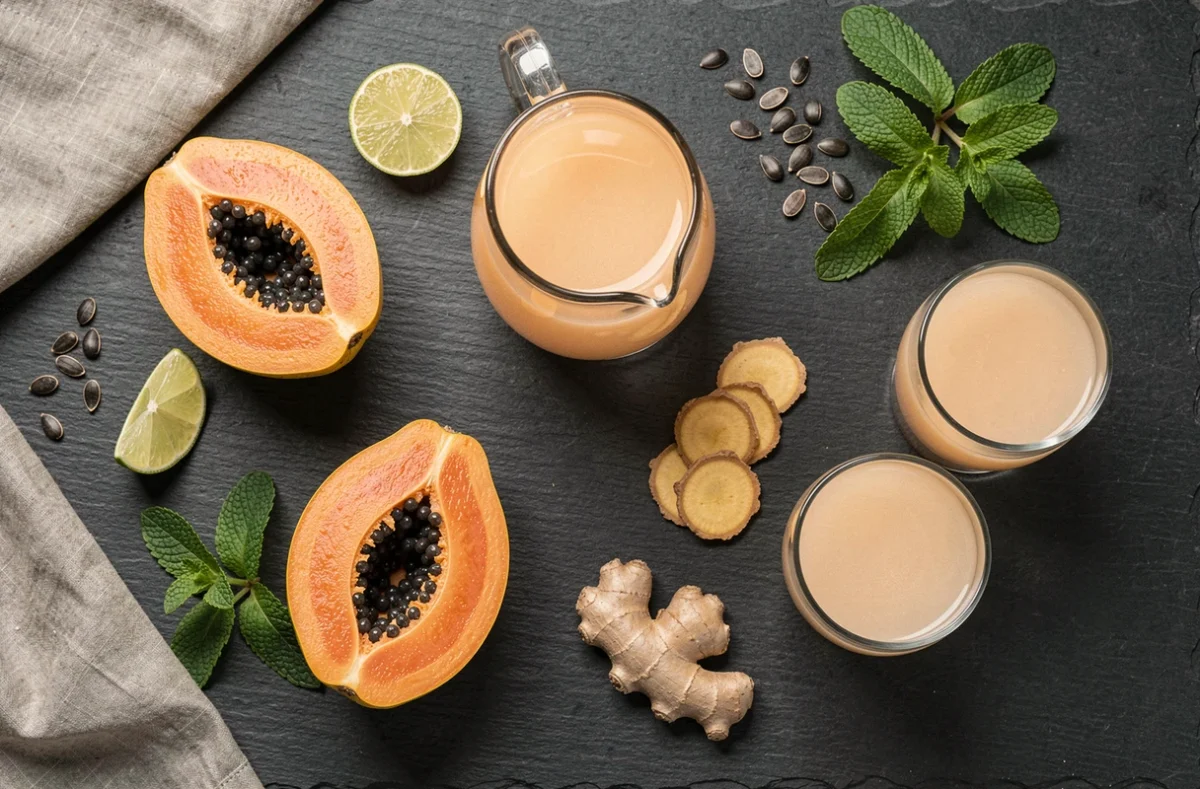 Vue de dessus d'ingrédients pour mocktail à la papaye avec papayes coupées, gingembre et verres remplis sur ardoise