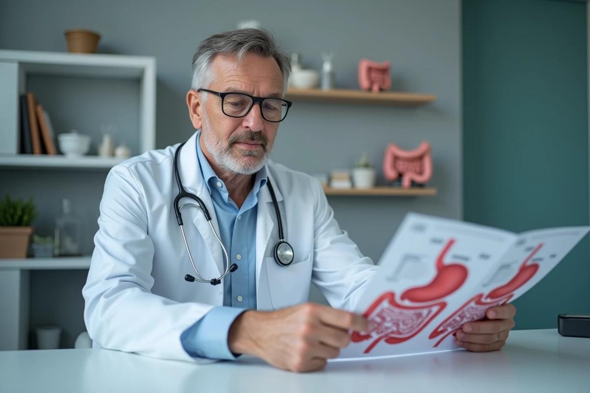 Médecin gastroentérologue en consultation analysant des schémas du système digestif et du côlon