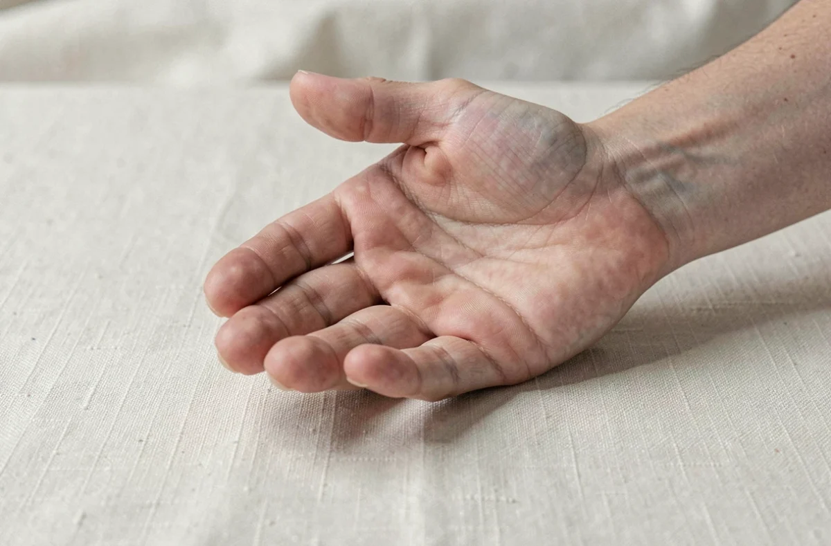 Gros plan d'une main droite aux doigts légèrement crispés sur tissu lin, symbolisant la raideur et les fourmillements associés aux neuropathies