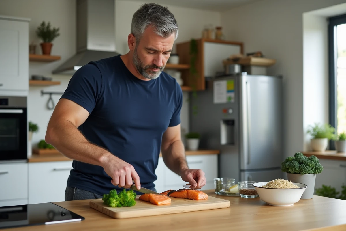 Homme de 40 ans préparant un repas sain équilibré pour perdre du poids dans une cuisine moderne