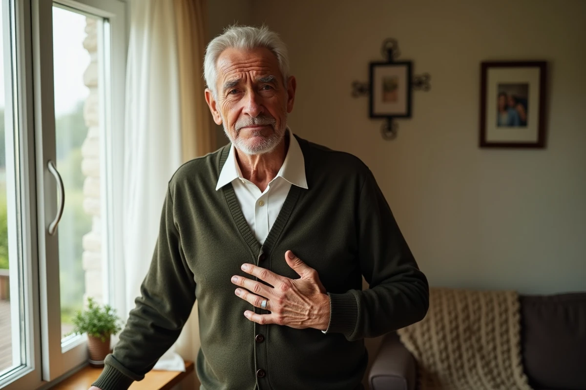 Homme âgé debout près d'une fenêtre à son domicile, la main sur la poitrine, ressentant un essoufflement lié à une maladie respiratoire