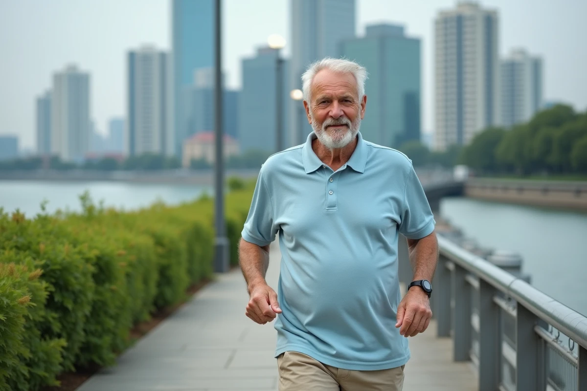 Homme âgé marchant d'un pas vif sur un chemin au bord d'une rivière en ville pour rester actif