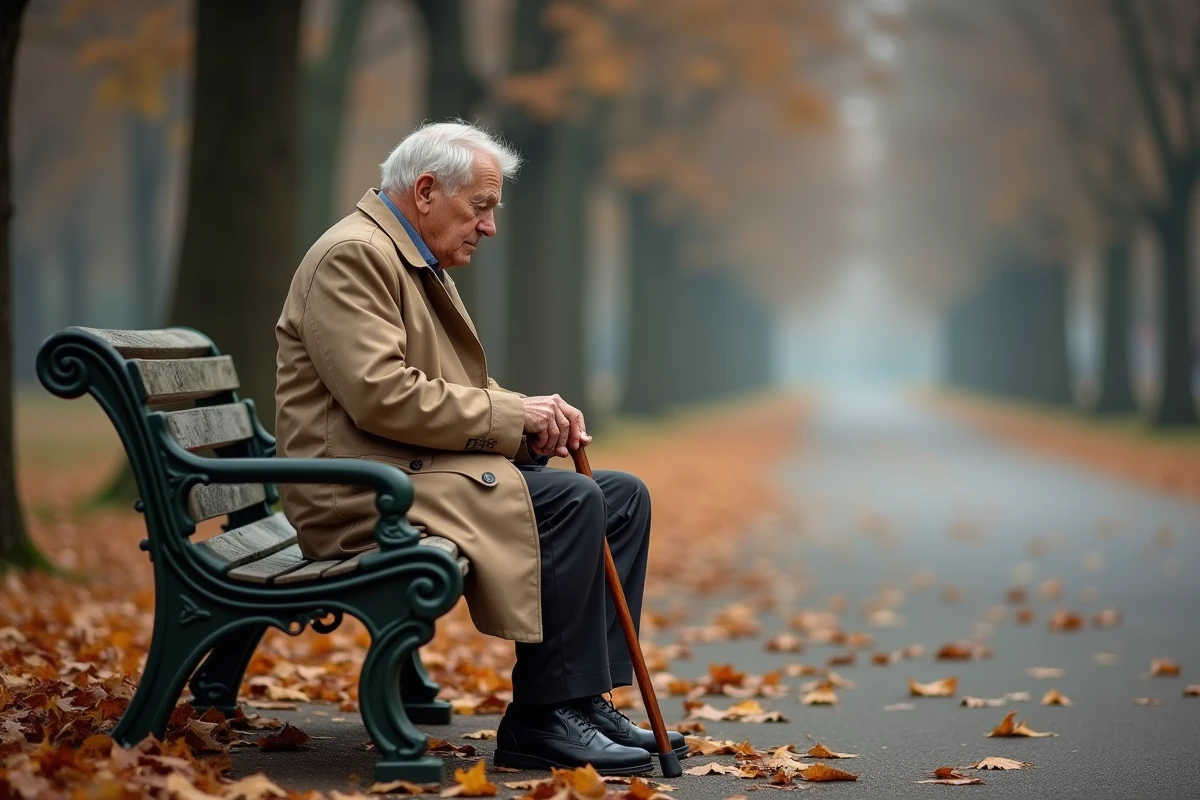 Homme âgé assis seul sur un banc de parc en automne, symbolisant la solitude et l'isolement social des seniors