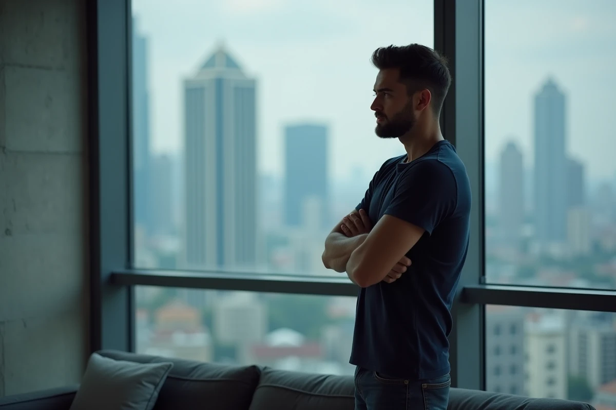 Homme anxieux debout près d'une fenêtre dans un appartement moderne, bras croisés, regard perdu dans le vide, symbolisant le stress et l'inquiétude sans raison apparente