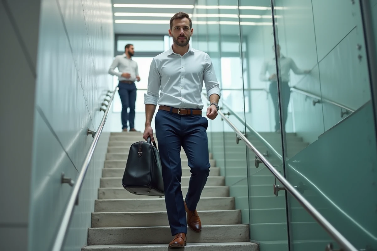 Homme en tenue professionnelle montant les escaliers d'un immeuble de bureaux moderne au quotidien
