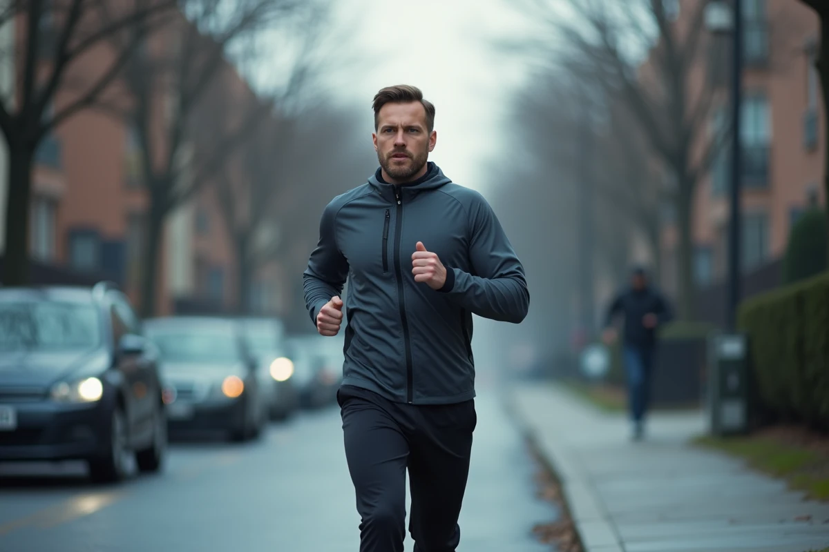 Homme en train de courir tôt le matin dans une rue urbaine calme, symbolisant la discipline personnelle et la régularité dans les habitudes sportives