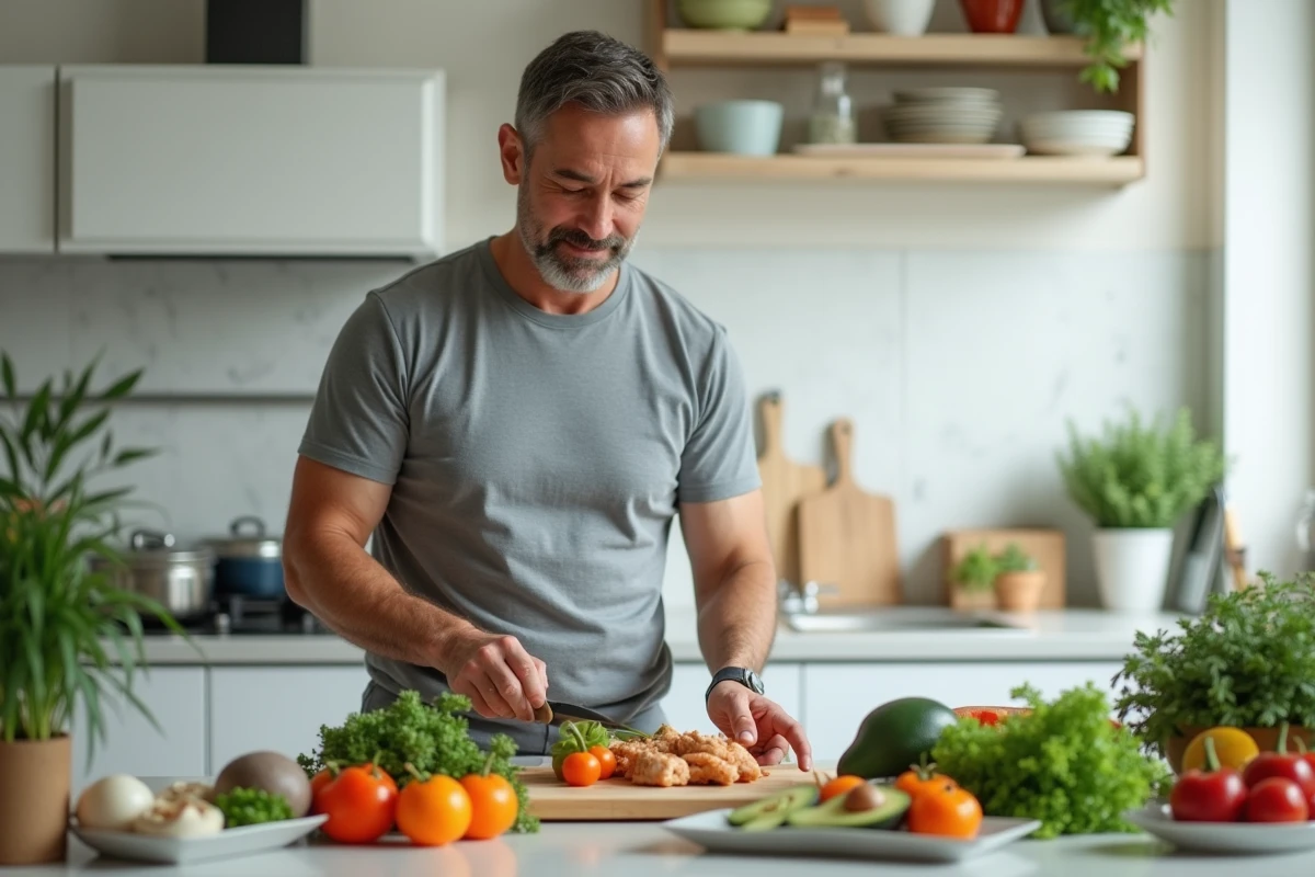 Homme préparant un repas sain en cuisine pour favoriser la production d'hormones liées à la perte de poids