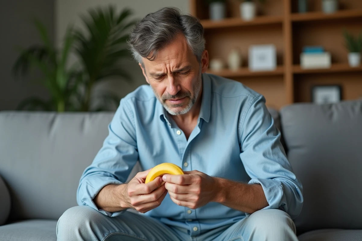 Homme pelant une banane assis sur un canapé pour soulager des nausées naturellement