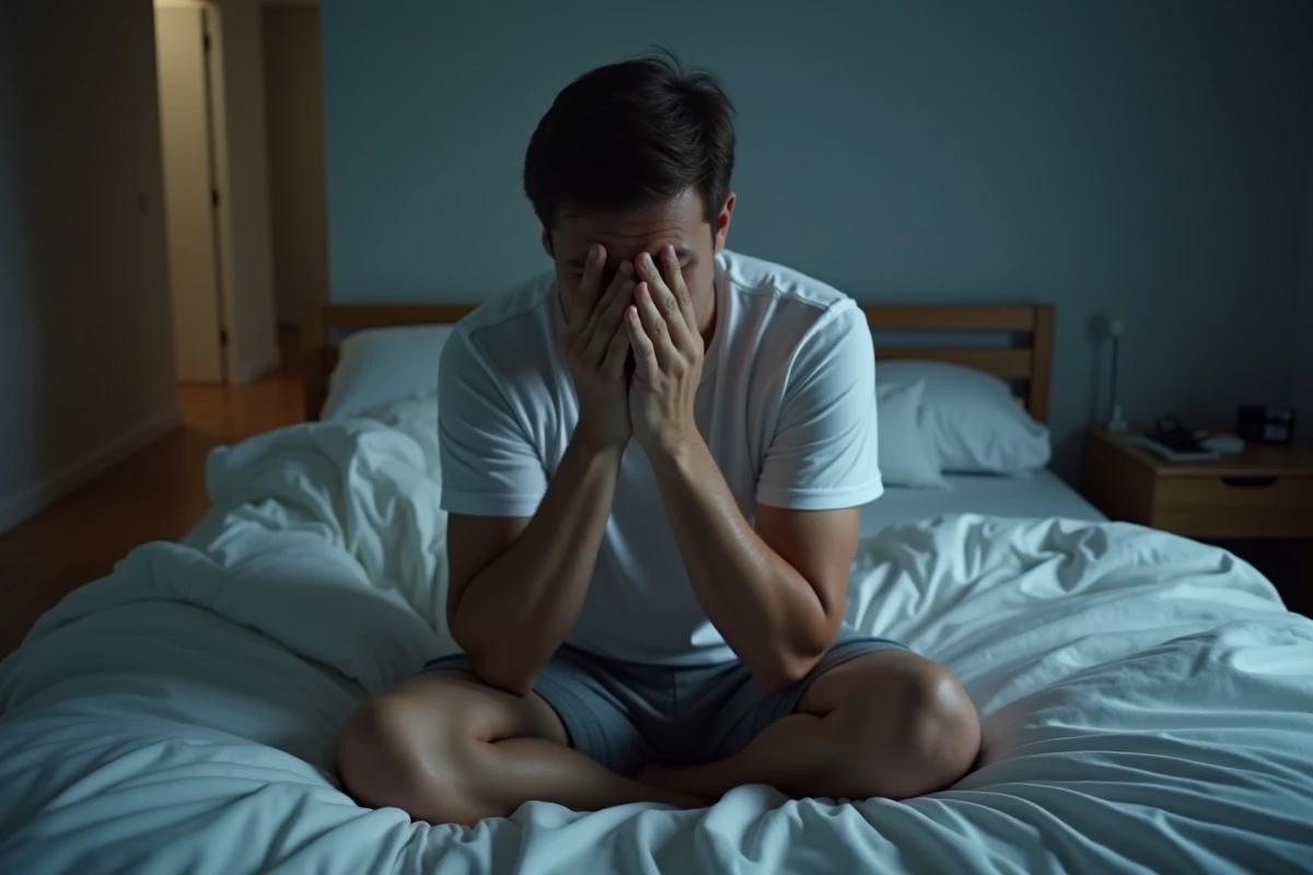 Homme épuisé assis au bord du lit la nuit à cause des ronflements de sa partenaire endormie