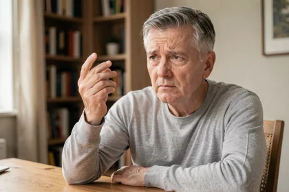 Homme d'âge mûr examinant sa main droite avec inquiétude, illustrant les fourmillements et la raideur des doigts liés aux neuropathies