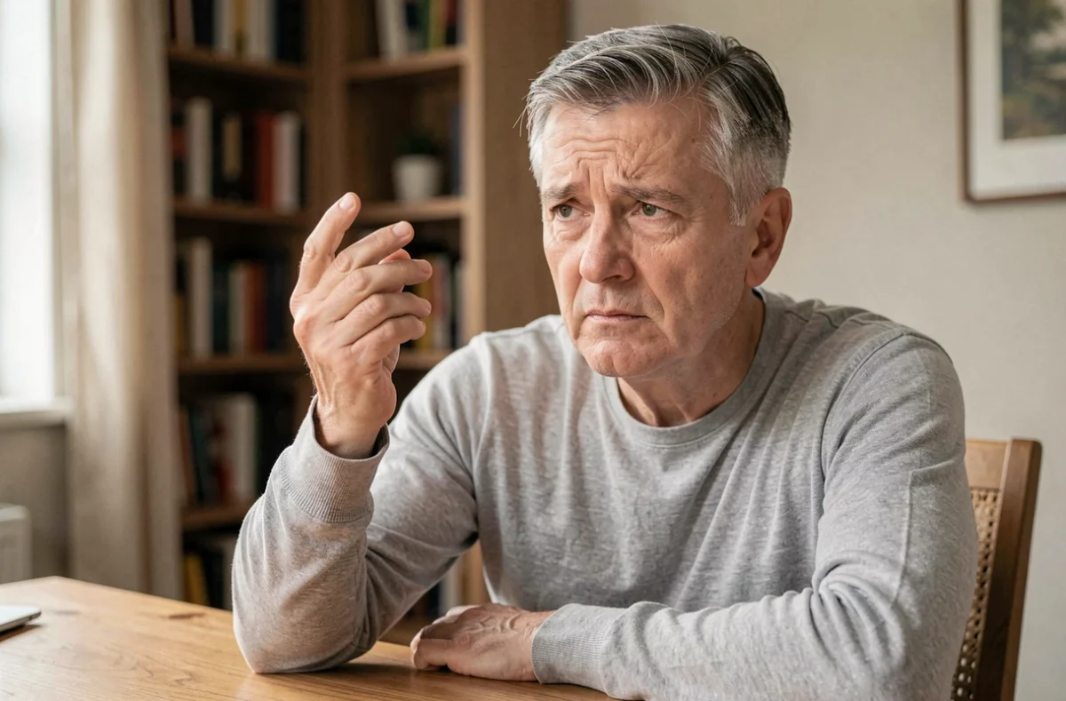 Homme d'âge mûr examinant sa main droite avec inquiétude, illustrant les fourmillements et la raideur des doigts liés aux neuropathies