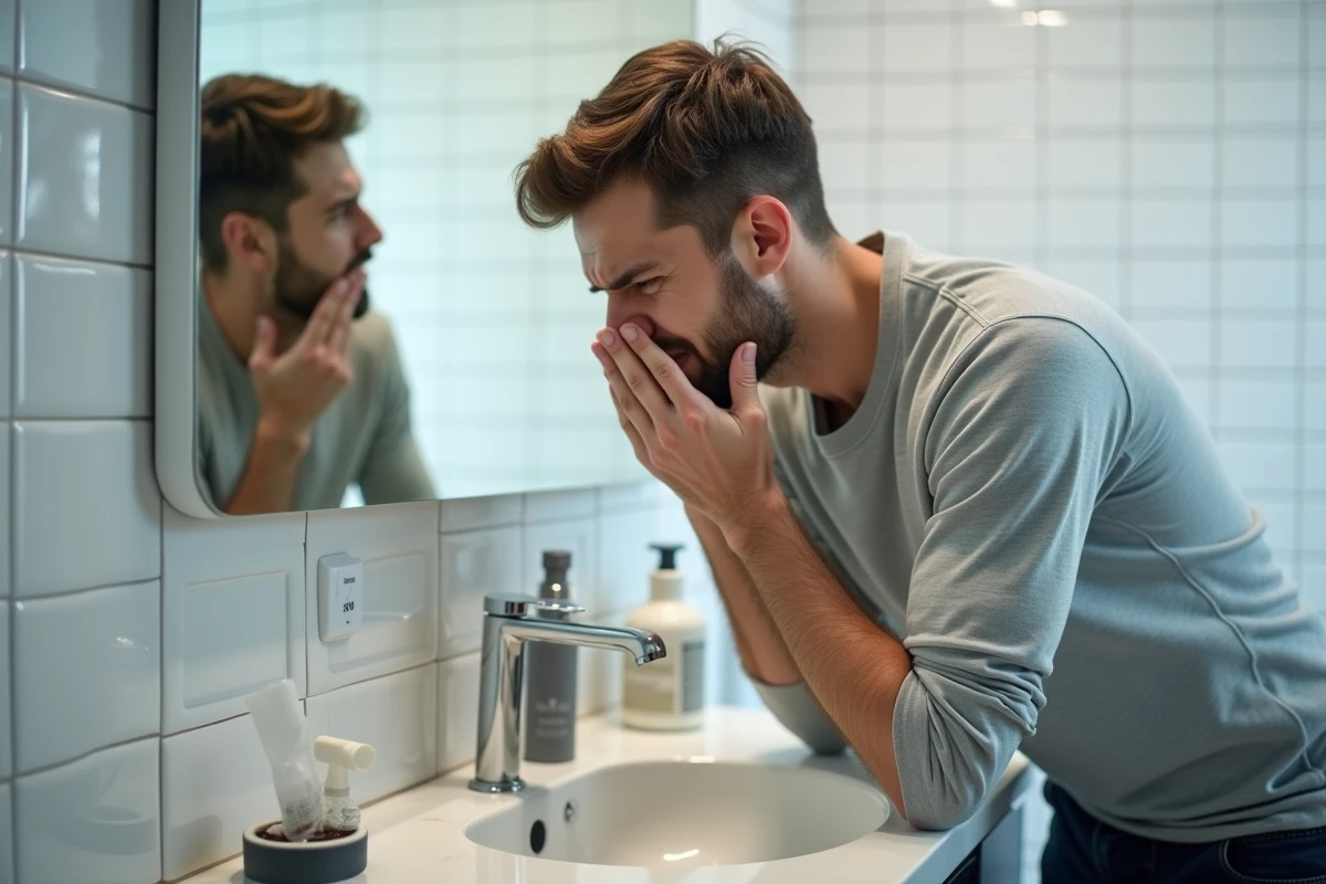 Jeune homme se raclant la gorge au-dessus d'un lavabo, illustrant les symptômes de glaires causés par une maladie des voies respiratoires