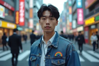 Jeune homme japonais portant un pin arc-en-ciel LGBT dans une rue animée de Tokyo