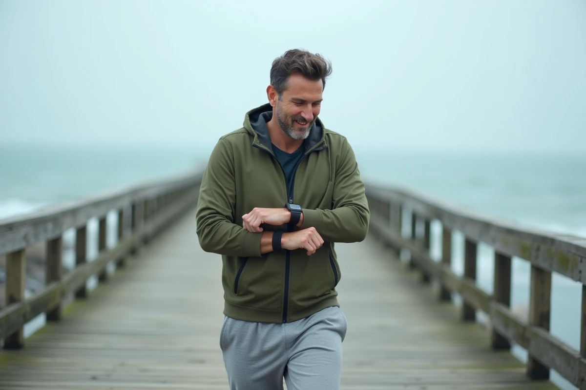 Homme consultant sa montre connectée pendant une marche sur un boardwalk en bord de mer pour suivre ses calories