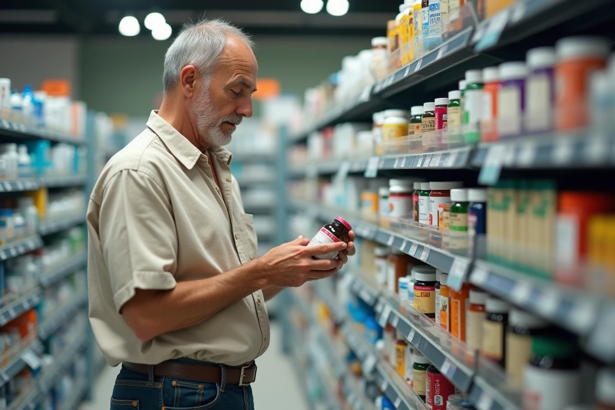 Homme amaigri cherchant des compléments nutritionnels en pharmacie en raison de symptômes de malabsorption
