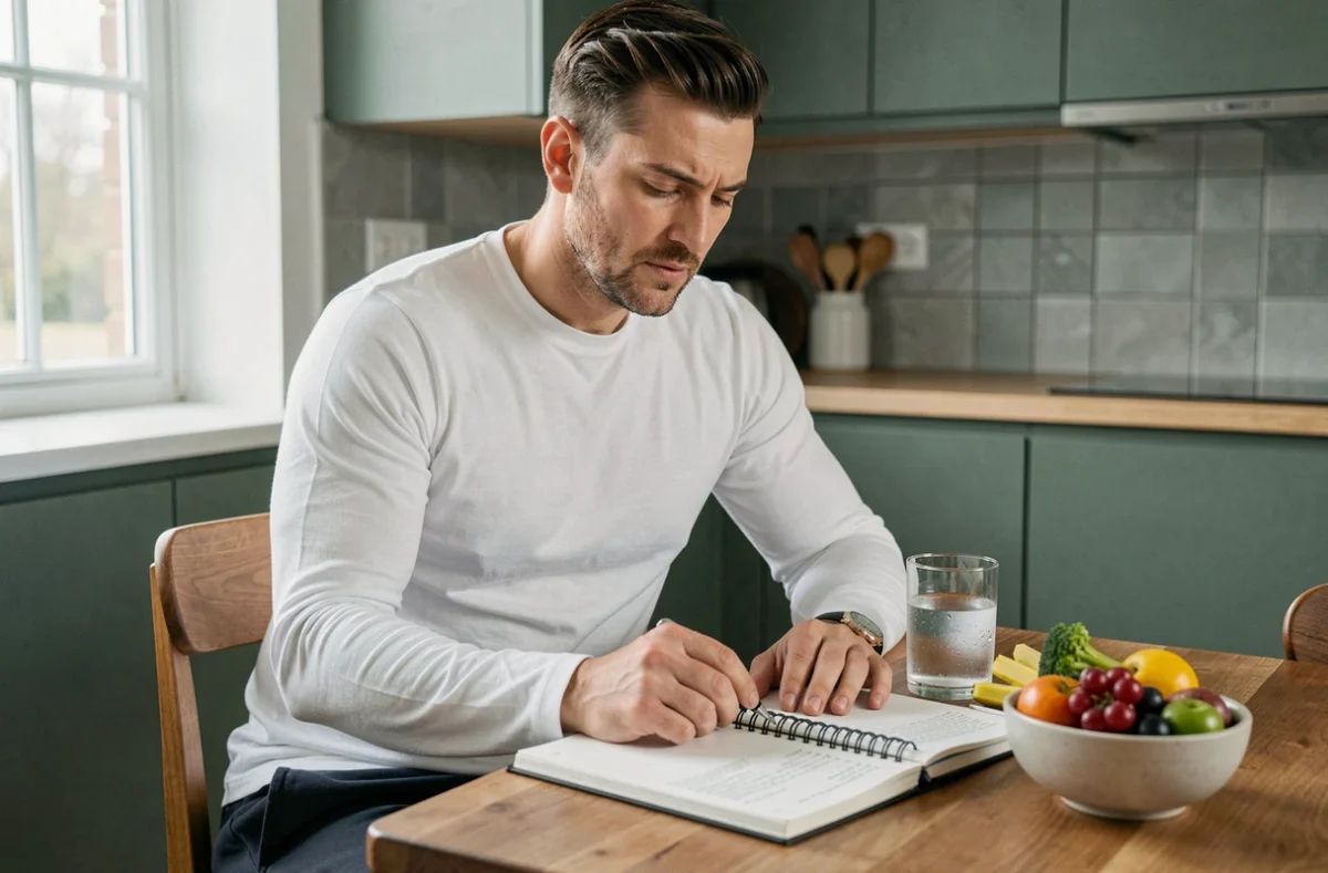 Homme consultant un plan nutritionnel à la cuisine avec des aliments sains pour maigrir