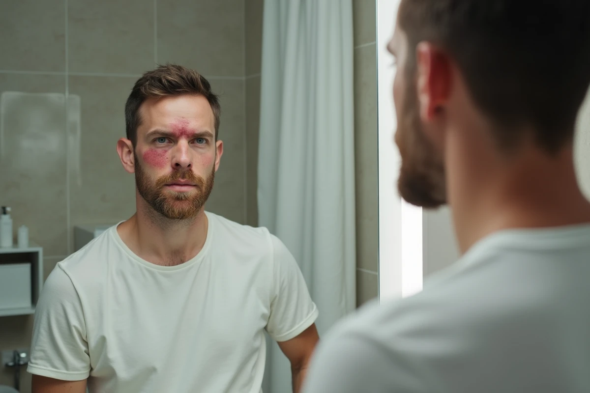 Homme examinant des plaques rouges sur son front et ses sourcils dans un miroir de salle de bain, symptômes similaires à la dermatite séborrhéique