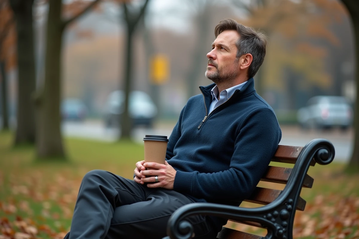 Homme d'une quarantaine d'années assis sur un banc de parc en automne, pensif face aux changements corporels liés à l'âge