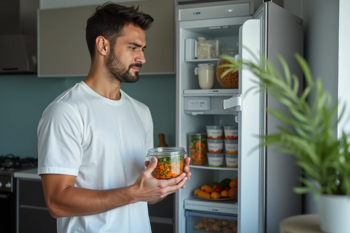 Jeune homme choisissant un repas minceur préparé à l'avance dans son réfrigérateur, soupe de lentilles healthy