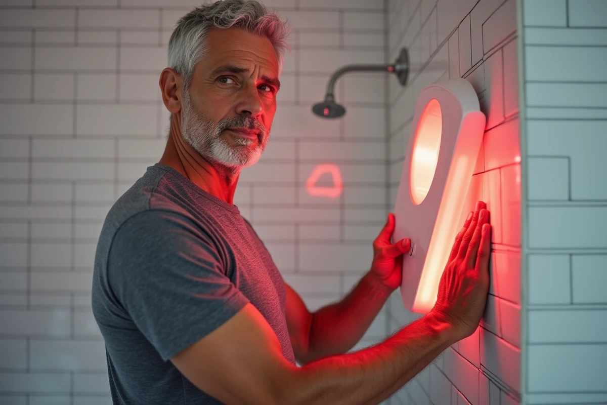 Homme senior utilisant un panneau de luminothérapie rouge à domicile dans une salle de bain moderne