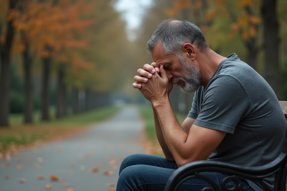 Homme épuisé assis seul sur un banc de parc, symbolisant les effets du stress prolongé sur la santé et le cancer