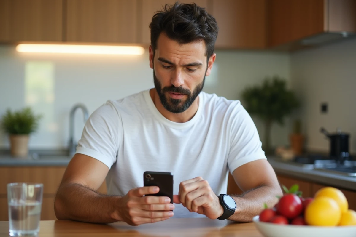 Homme consultant des données de santé sur son smartphone dans une cuisine, avec fruits frais et eau, illustrant un mode de vie sain