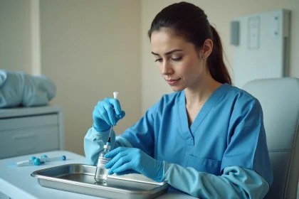 Infirmière préparant un vaccin associé avec plusieurs composants dans une seringue en environnement clinique