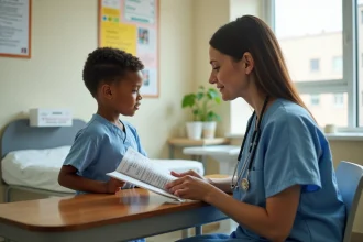 Infirmière scolaire vérifiant le carnet de vaccination d'un élève dans l'infirmerie de l'école