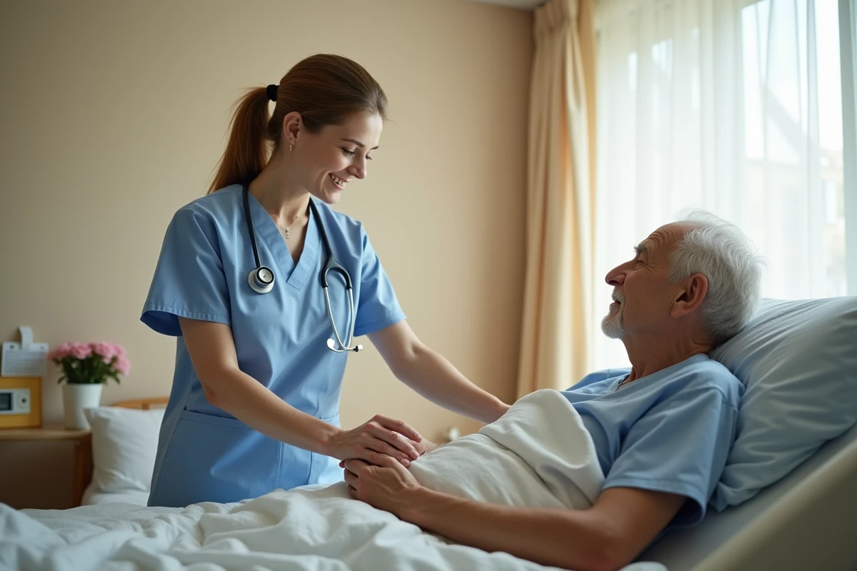 Infirmière en soins palliatifs tenant la main d'un patient âgé dans une chambre d'unité de soins palliatifs hospitalière