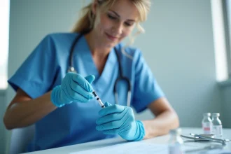 Infirmière préparant une seringue de vaccin Pneumovax dans un cabinet médical