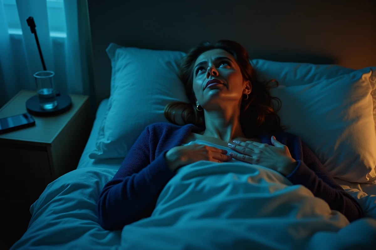 Femme insomniaque allongée dans son lit les yeux ouverts, illustrant le stress chronique comme facteur de risque du cancer