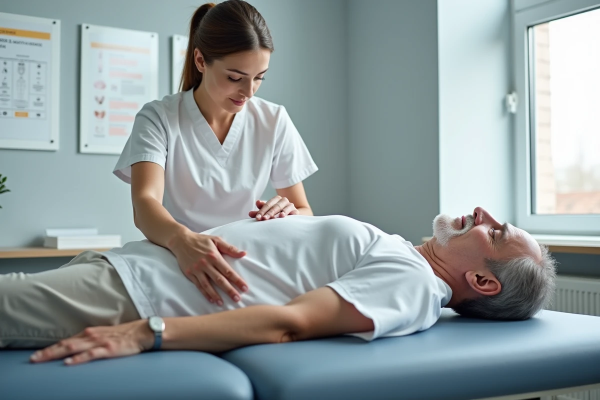 Kinésithérapeute inspectant la peau du dos d'un patient pour prévenir les escarres en clinique de rééducation